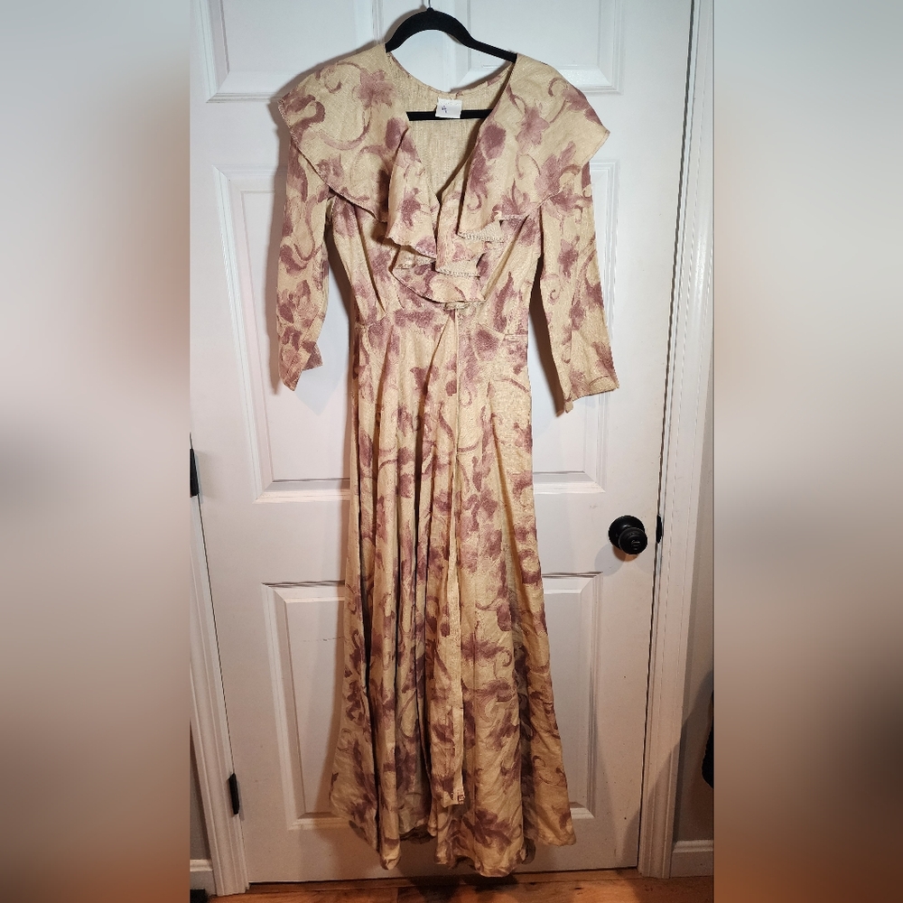 Vintage Elegant Heavyweight Cream And Pink Floral A Line Cottagecore Maxi Dress
